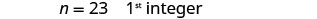 The image shows the mathematical expression 'n = 23 1st integer' on a white background.