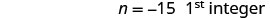 The image shows the text 'n = -15 1st integer' on a white background.