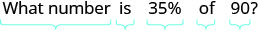 A mathematical problem asking 'What number is 35% of 90?' with light blue brackets underlining different parts of the question to highlight them.