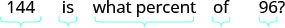 A mathematical problem asks: 144 is what percent of 96? The numbers and text are underlined with light blue brackets to indicate distinct parts of the question.