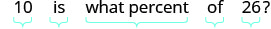 A mathematical problem is displayed on a white background, asking: '10 is what percent of 26?' Light blue brackets are placed beneath each word and number, seemingly to highlight or group them.