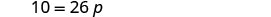A mathematical equation on a white background states '10 = 26p'.