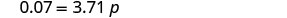 The image shows a mathematical equation on a white background. The equation presented is '0.07 = 3.71 p'.
