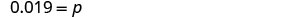 The image displays the equation '0.019 = p' in black text against a plain white background.