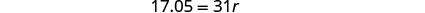 A mathematical equation is displayed on a white background, reading '17.05 = 31r'.
