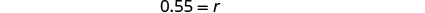 The image displays mathematical text, showing the equation '0.55 = r' in black font against a plain white background, centered in the frame.