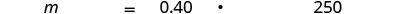The image shows the equation m = 0.40 * 250, likely calculating a mass or a value based on a percentage or factor.