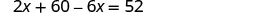 A mathematical equation is displayed on a white background, which reads '2x + 60 - 6x = 52'.