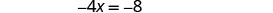 A mathematical equation is displayed on a white background: -4x = 8. The numbers and symbols are in black.