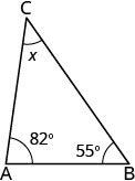 A triangle ABC is depicted with angle A measuring 82 degrees, angle B measuring 55 degrees, and angle C labeled as 'x'. The sum of angles in a triangle is 180 degrees.