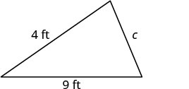 A triangle with sides labeled 4 ft, 9 ft, and c.