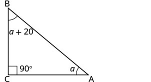 A right-angled triangle ABC, with angle C at 90 degrees, angle A labeled 'a', and angle B labeled 'a + 20'.