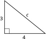 A right triangle diagram illustrating the Pythagorean theorem with legs 3 and 4, and hypotenuse 'c'. This setup is famously known as a 3-4-5 triangle.