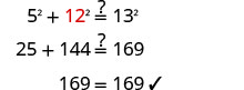 Step-by-step math showing 5 squared plus 12 squared equals 13 squared. The calculation 25 + 144 = 169 confirms this classic Pythagorean triple.