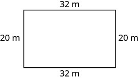 A clear, simple line drawing of a rectangle. The top and bottom sides are labeled '32 m', and the left and right sides are labeled '20 m', indicating its dimensions.