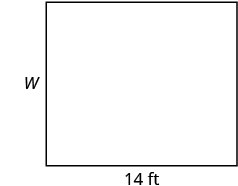 A rectangle is shown with one side labeled 'W' and an adjacent side labeled '14 ft'.