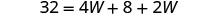A mathematical equation is displayed, showing '32 = 4W + 8 + 2W' against a white background.