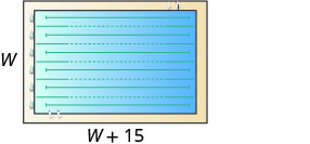A rectangular swimming pool with lanes, labeled with algebraic dimensions. The width is 'W' and the length is 'W + 15'.