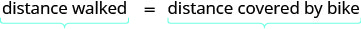 A mathematical equation states 'distance walked = distance covered by bike', with a bracket under each phrase to visually group them.