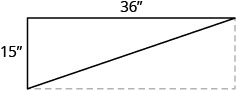A right triangle with 36 inches labeled on one leg and 15 inches labeled on the other. A dotted line is drawn parallel to the two triangle legs, forming a rectangle.