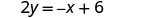 A mathematical equation is displayed on a white background, reading '2y = -x + 6' in black text.