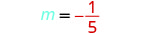A mathematical equation displays 'm = -1/5' in a clean, white background. The variable 'm' is shown in light blue, the equals sign and negative sign are black, and the fraction '1/5' is in red.