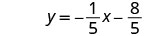 A mathematical equation on a white background, reading y = -1/5x - 8/5.