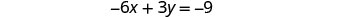 A mathematical equation is displayed on a white background, reading '-6x + 3y = -9'.