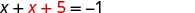 A math equation showing 'X + X + 5 = -1' with the second 'X' and '5' in a reddish hue, displayed against a white background.