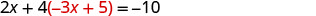 A mathematical equation is displayed against a white background: 2x + 4(-3x + 5) = -10. The numbers and variables are in a dark gray font, while the '-3x + 5' inside the parentheses is highlighted in red.