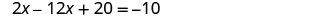 A mathematical equation is displayed on a white background: 2x - 12x + 20 = -10. The equation involves a variable 'x' and numerical constants, with subtraction, addition, and equality operations.