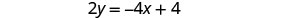 A clear image of the linear equation 2y = -4x + 4, presented on a plain white background.