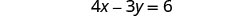 A mathematical equation is displayed on a white background, which reads 4x - 3y = 6.