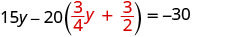 A mathematical equation is displayed: 15y - 20(3/4y + 3/2) = -30. The fractions 3/4 and 3/2 are highlighted in red.