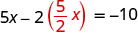 A mathematical equation is displayed, reading '5x minus 2 multiplied by (5 over 2 multiplied by x) equals -10'. The fraction '5 over 2' and the 'x' immediately following it are colored red.