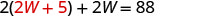 A mathematical equation is displayed: 2(2W + 5) + 2W = 88. The terms '2W' and '5' within the parentheses are highlighted in red, contrasting with the black color of the rest of the equation.