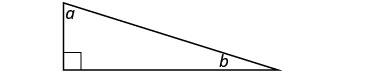 A right-angled triangle is shown with angle 'a' at the top vertex and angle 'b' at the bottom right vertex. A square symbol indicates the 90-degree angle.