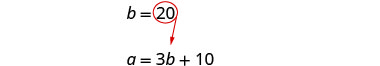 An algebraic problem illustrating substitution: given b=20, substitute this value into a=3b+10 to solve for a.