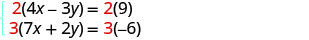 A system of two linear equations is shown with both sides of each equation multiplied by a constant, likely in preparation for solving by elimination. The first equation is 2(4x - 3y) = 2(9), and the second is 3(7x + 2y) = 3(-6).
