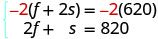 A system of two linear equations is displayed. The first equation is -2(f + 2s) = -2(620), and the second equation is 2f + s = 820. The system is enclosed by a blue brace on the left.