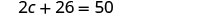 A mathematical equation is displayed, reading 2c + 26 = 50. The equation features the variable 'c' being multiplied by 2, then added to 26, to equal 50, set against a white background.