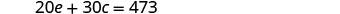 A mathematical equation is displayed on a white background: 20e + 30c = 473.