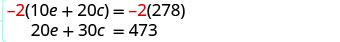Two linear equations are shown, one with a common factor of -2 on both sides: -2(10e + 20c) = -2(278) and a second equation: 20e + 30c = 473.