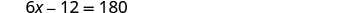 A mathematical equation is displayed on a white background: 6x - 12 = 180. The text is in a dark gray, sans-serif font.