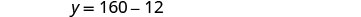 The image displays the mathematical equation y = 160 - 12, presented in black text against a plain white background.