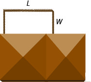 A brown faceted block or bag with a U-shaped wire handle above it, marked with length L and width W dimensions.