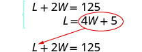 Solving a system of equations by substitution, with L = 4W + 5 highlighted for insertion into L + 2W = 125, as indicated by the red circle and arrow.