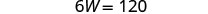 The image shows the mathematical equation '6W = 120' written in black text on a white background, representing a simple linear equation where 'W' is an unknown variable.