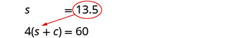 Two mathematical equations are displayed: s = 13.5 (circled) and 4(s + c) = 60. A red arrow indicates substituting the value of 's' from the first equation into the second.