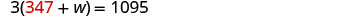 A mathematical equation is displayed on a white background, which reads '3(347 + w) = 1095'. The numbers '347' are highlighted in red.